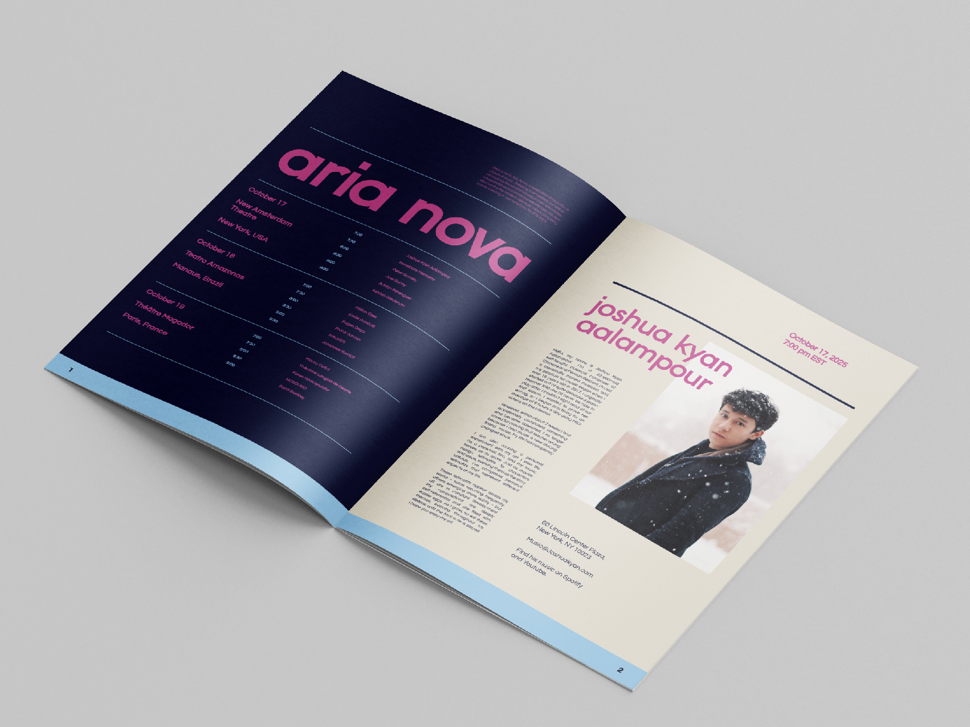 A mockup of the Aria Nova program booklet, featuring a spread of the festival schedule and the first artist's biographic page.