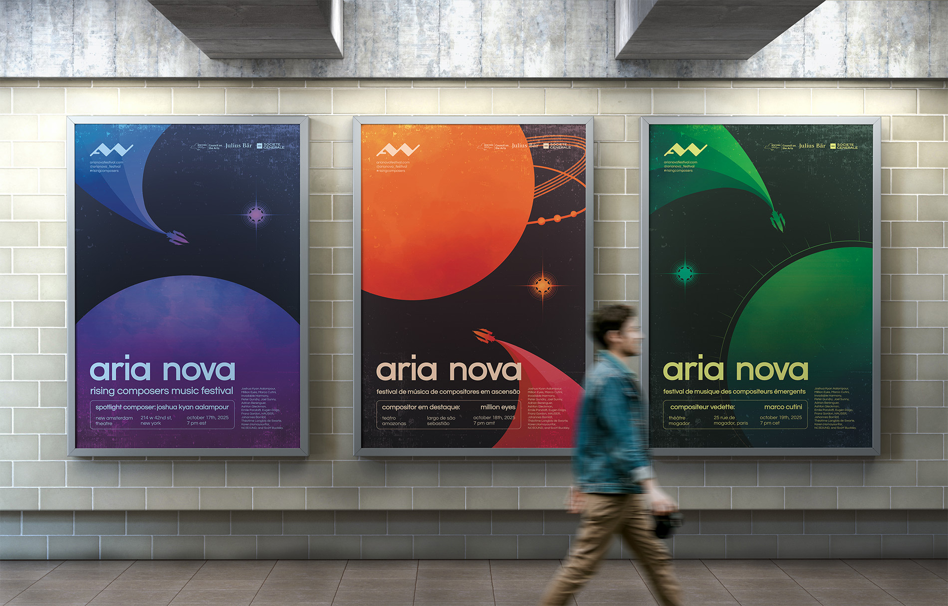 A mockup of 3 Aria Nova posters lined up in a row.