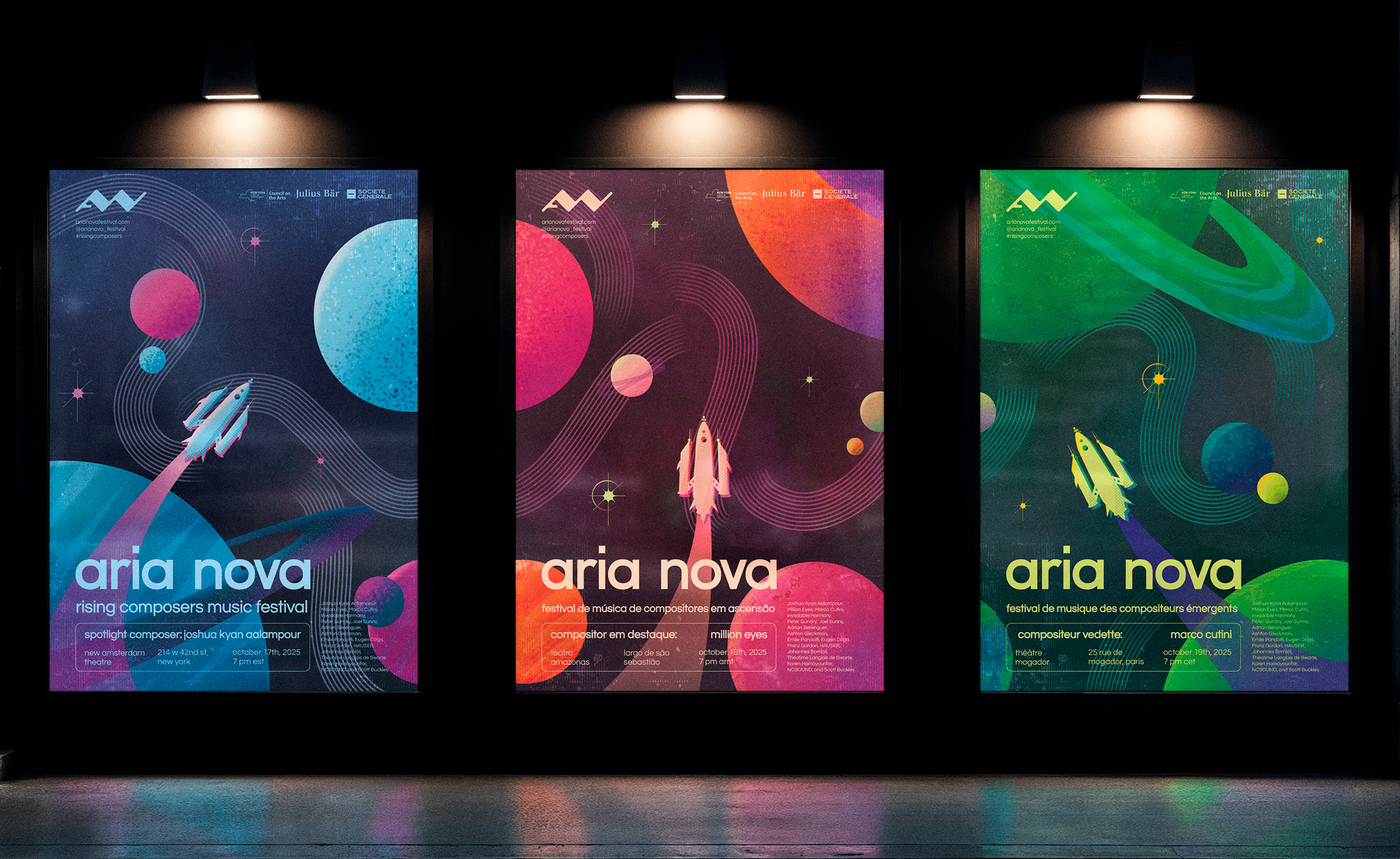 A mockup of 3 Aria Nova posters lined up in a row.