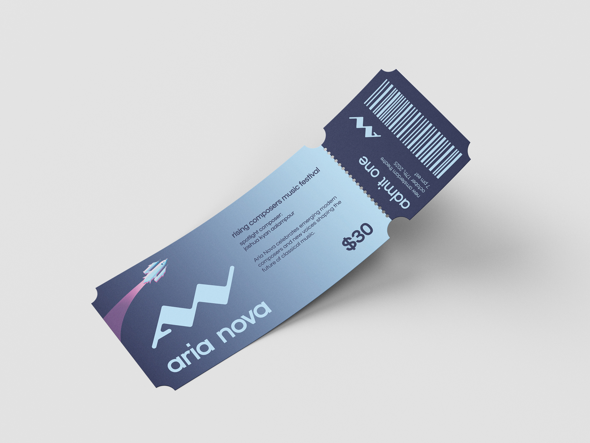 A mockup of an Aria Nova paper ticket for the first night.