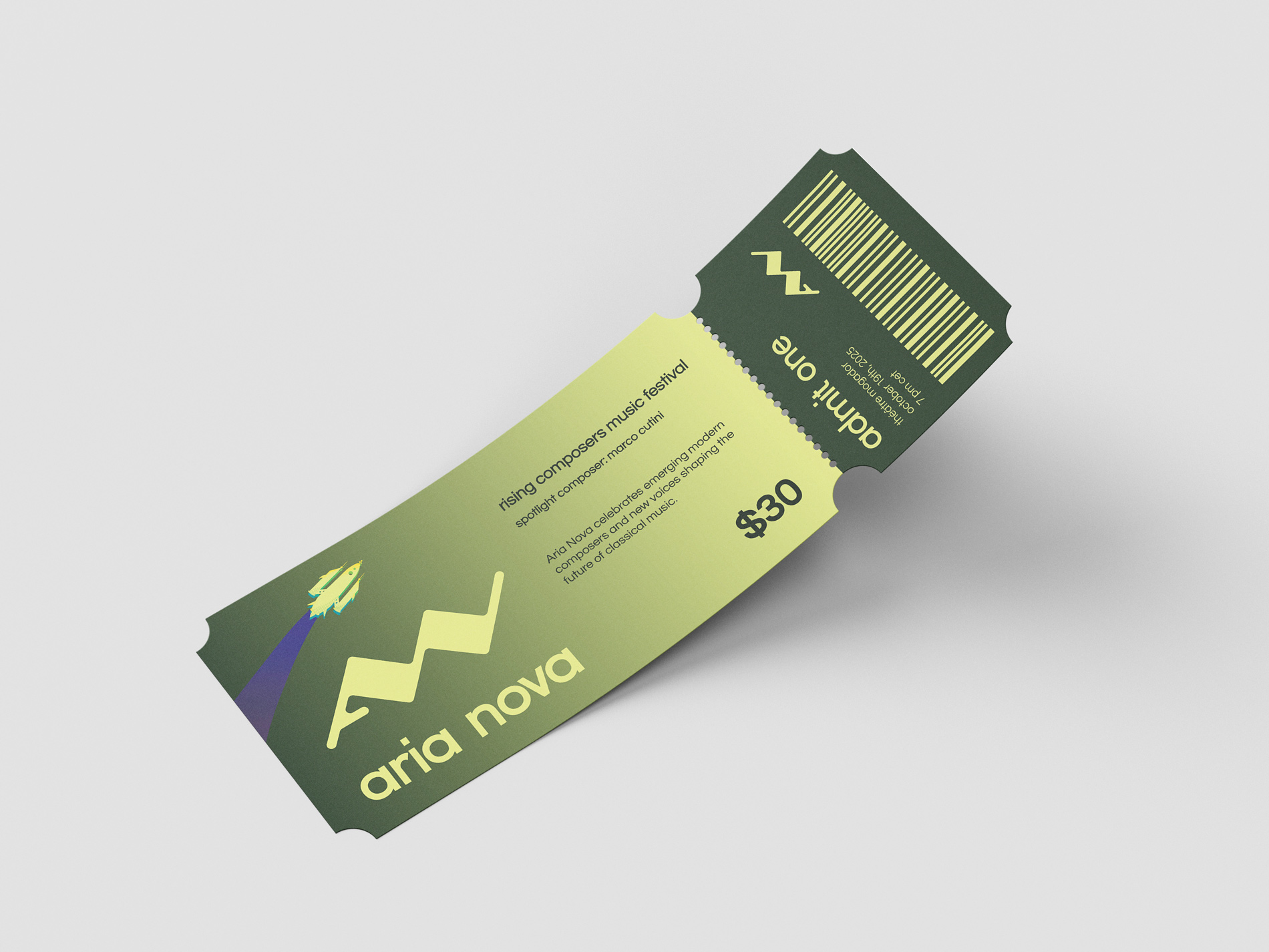 A mockup of an Aria Nova paper ticket for the third night.