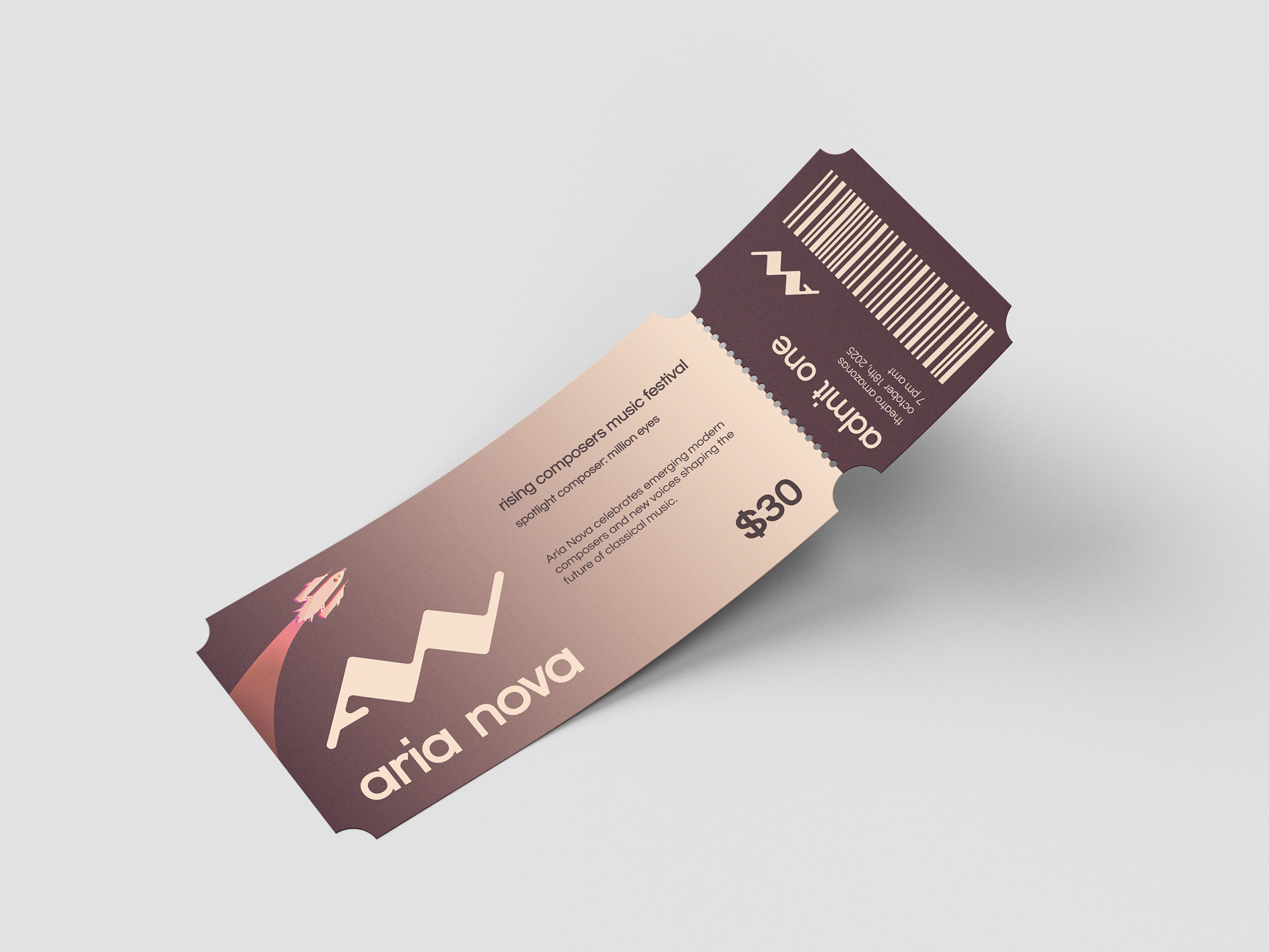 A mockup of an Aria Nova paper ticket for the second night.