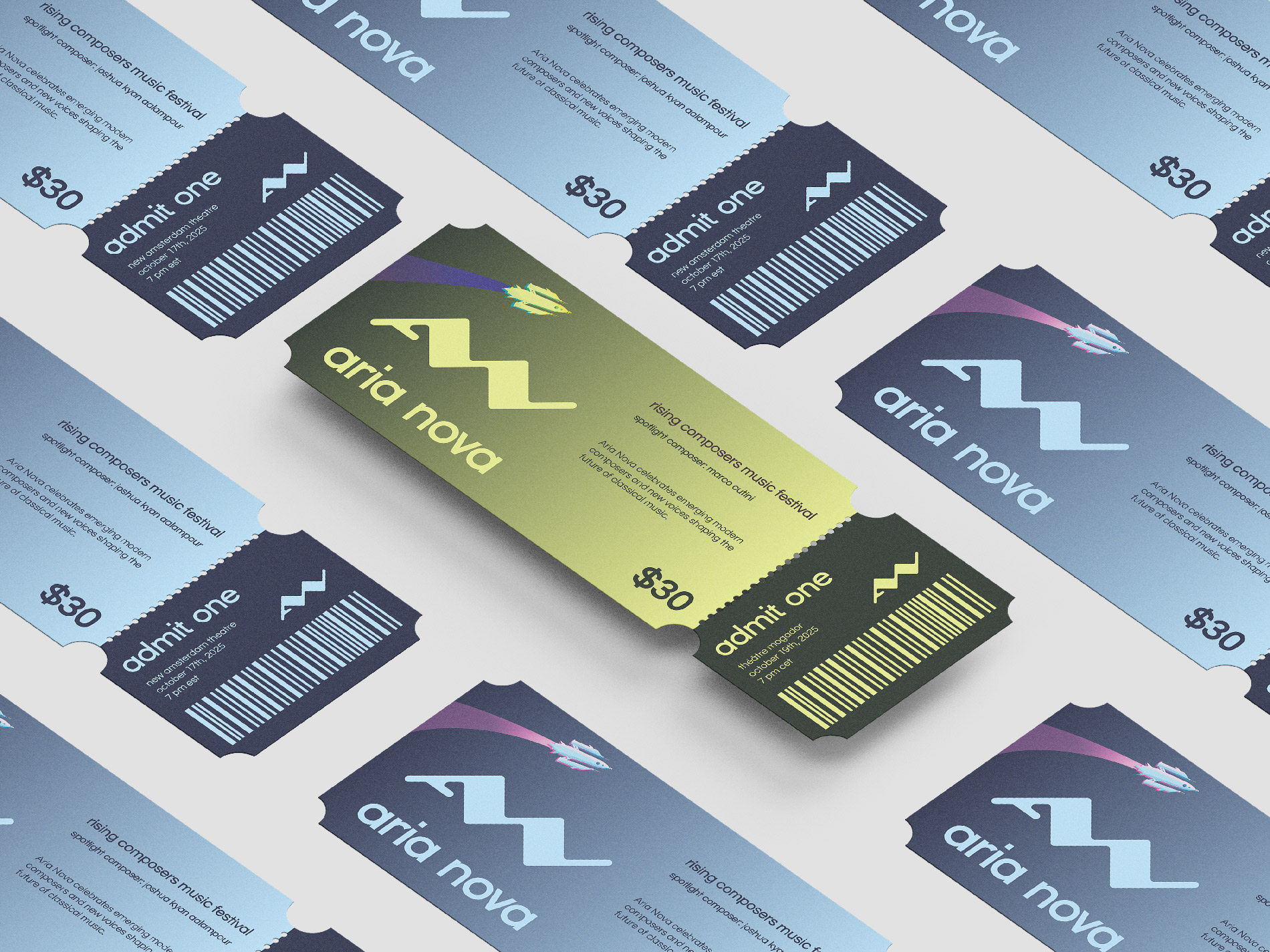 A mockup of Aria Nova paper tickets spread out in a diagonal pattern.