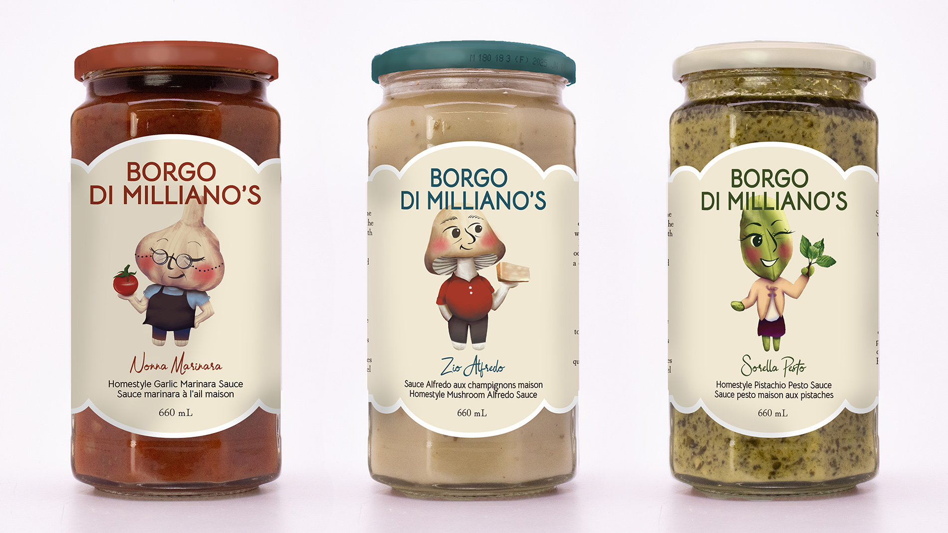 Lineup of 3 pasta sauces with illustrated characters on the front.