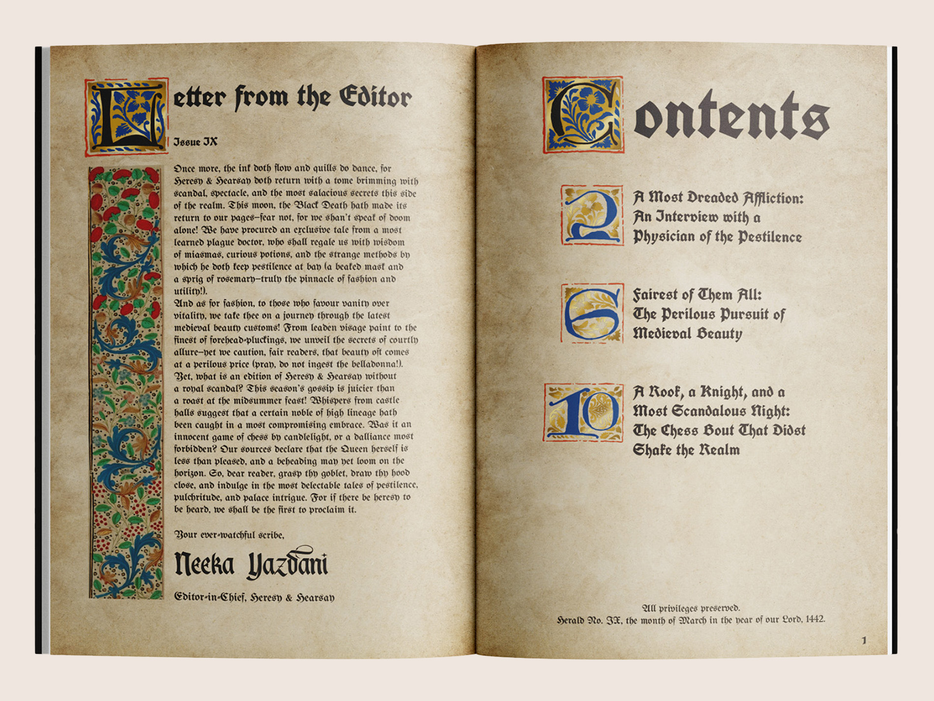 Spreads 1-2 of Heresy & Hearsay.