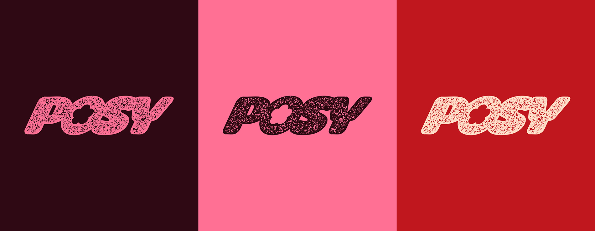 Posy's wordmark in 3 colourways; brown, pink, and red.