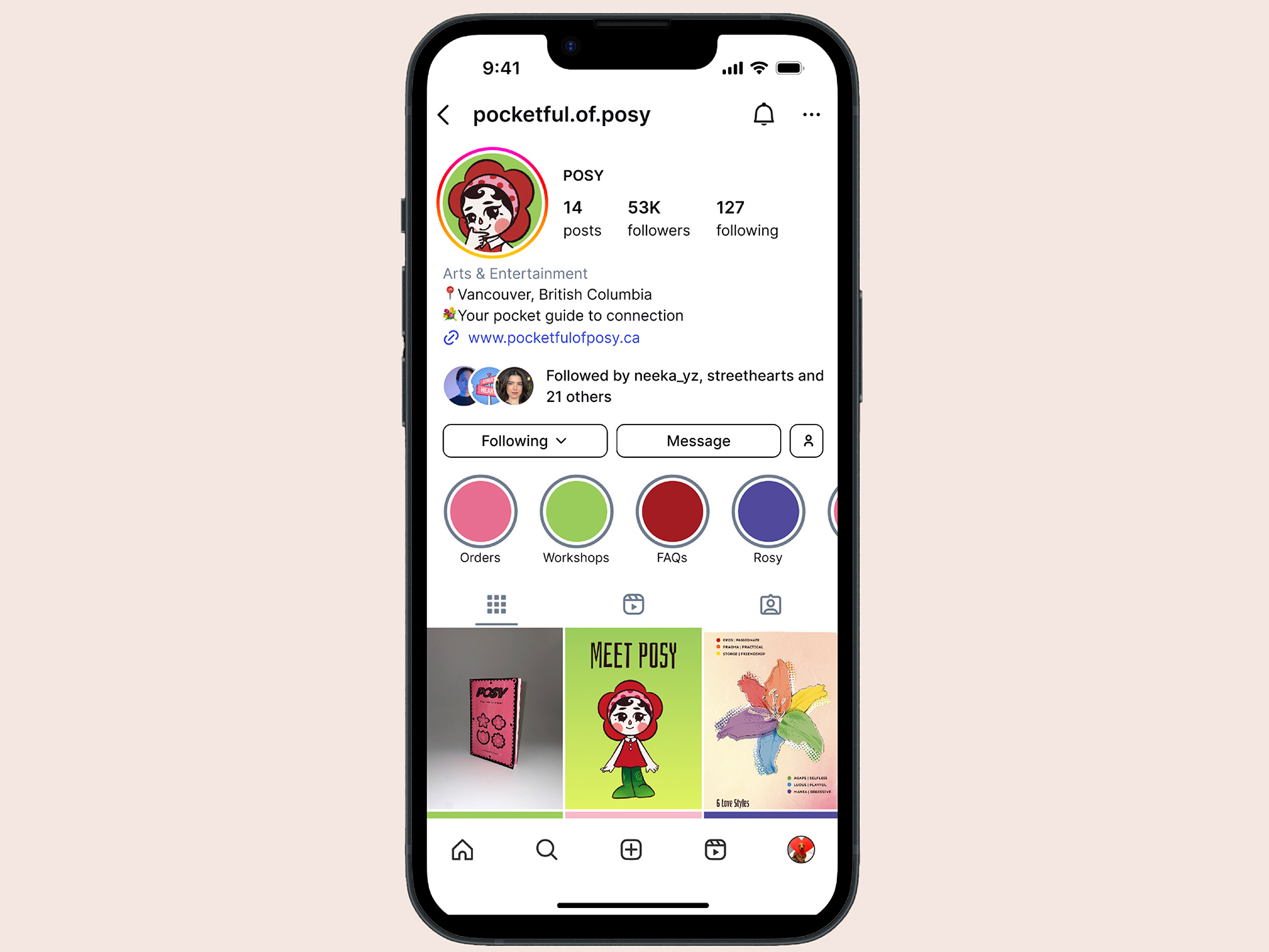 An iPhone displaying a mockup of Posy's Instagram page.