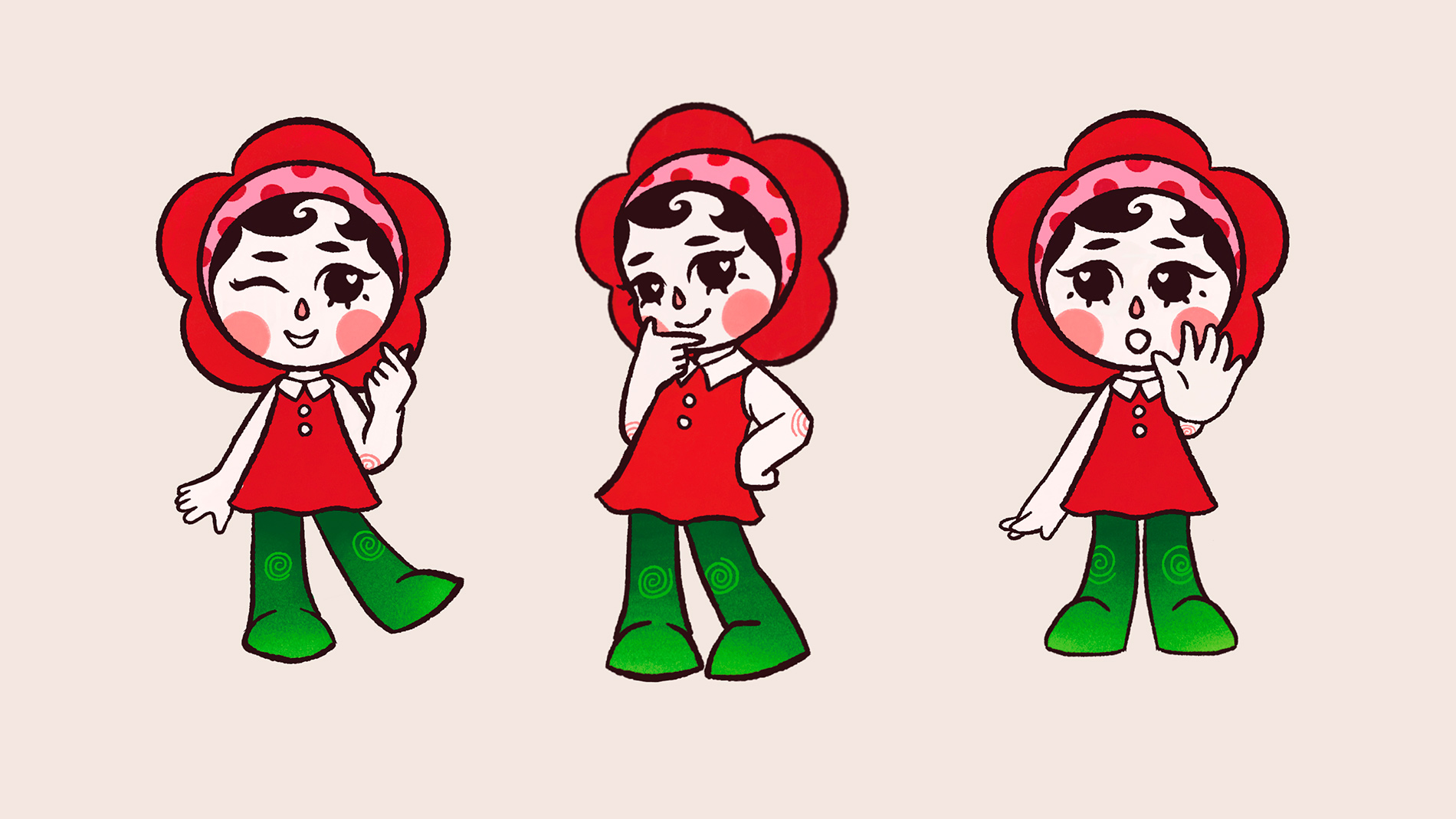 Posy's mascot in 3 different illustrated poses.