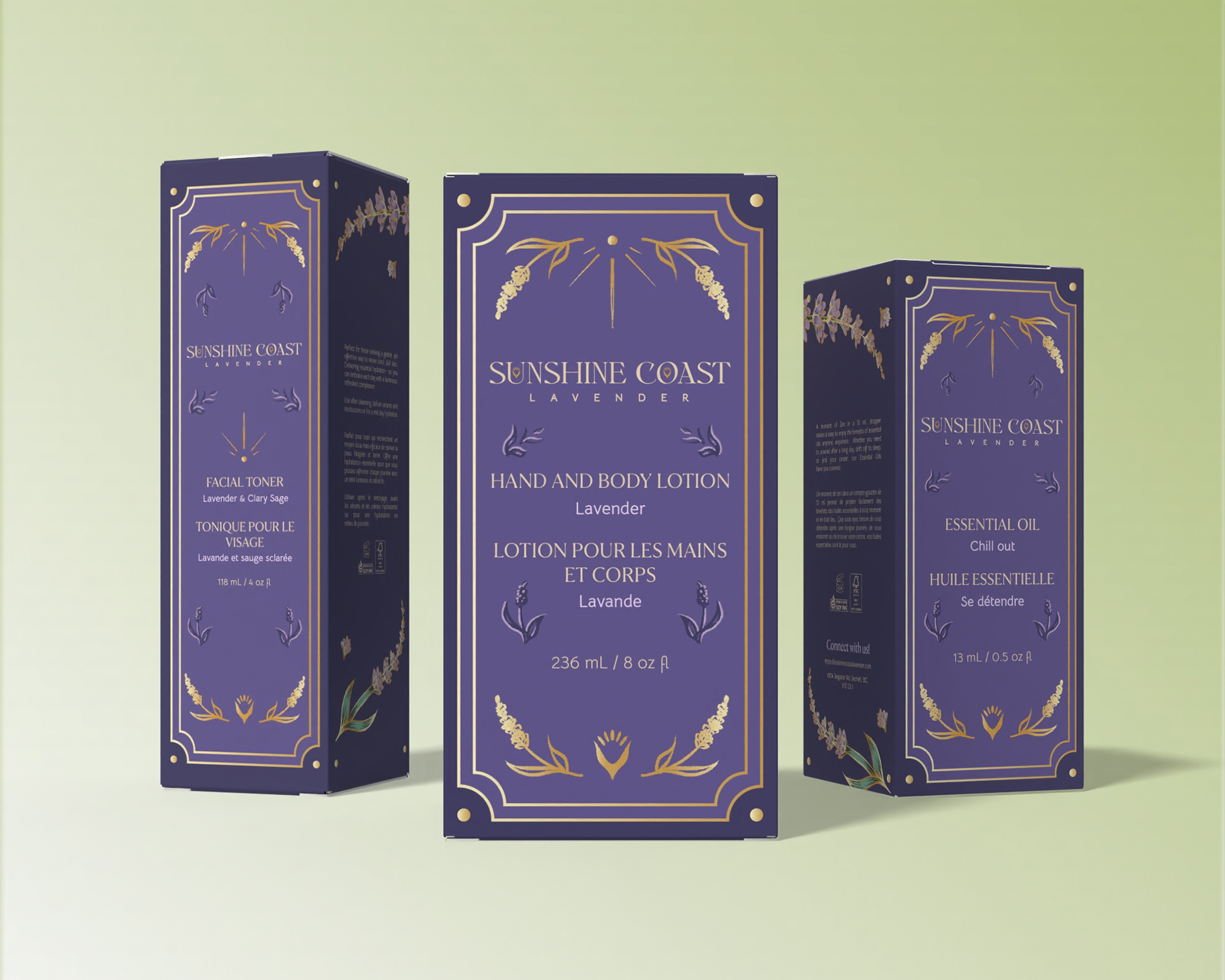 3D mockups of 3 Sunshine Coast Lavender rebranded product boxes.