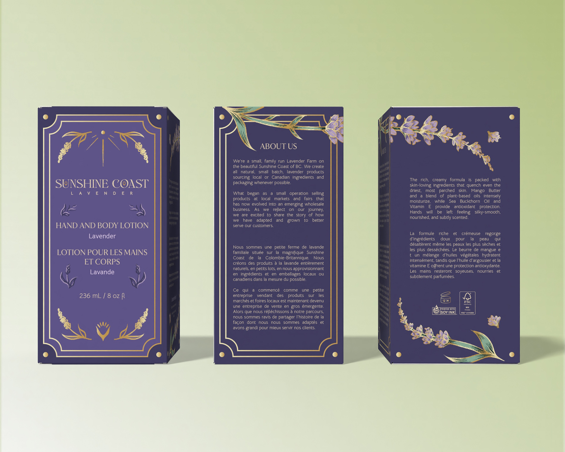 Front-facing mockups of 3 Sunshine Coast Lavender rebranded product boxes.