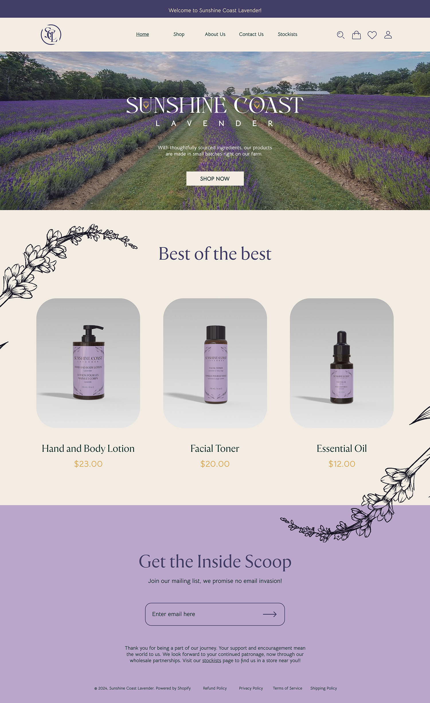 Sunshine Coast Lavender's landing page.