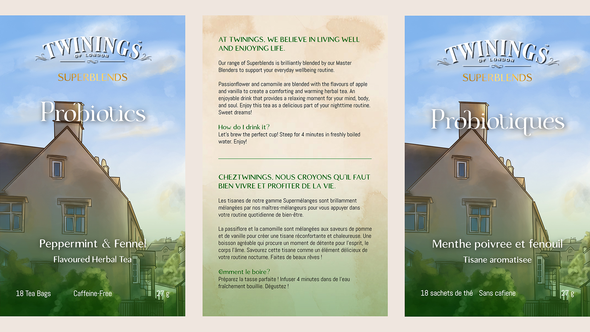 A flat layout of Twinings's Probiotics Superblend tea featuring a landscape illustration of the English countryside in the day.