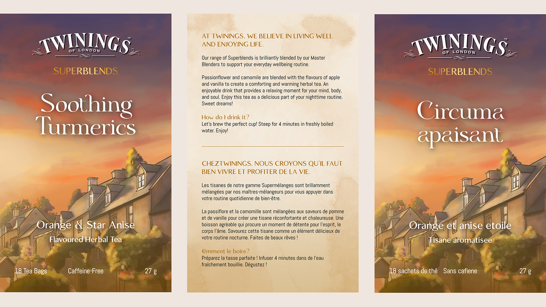 A flat layout of Twinings's Soothing Turmeric Superblend tea featuring a landscape illustration of the English countryside during the evening.