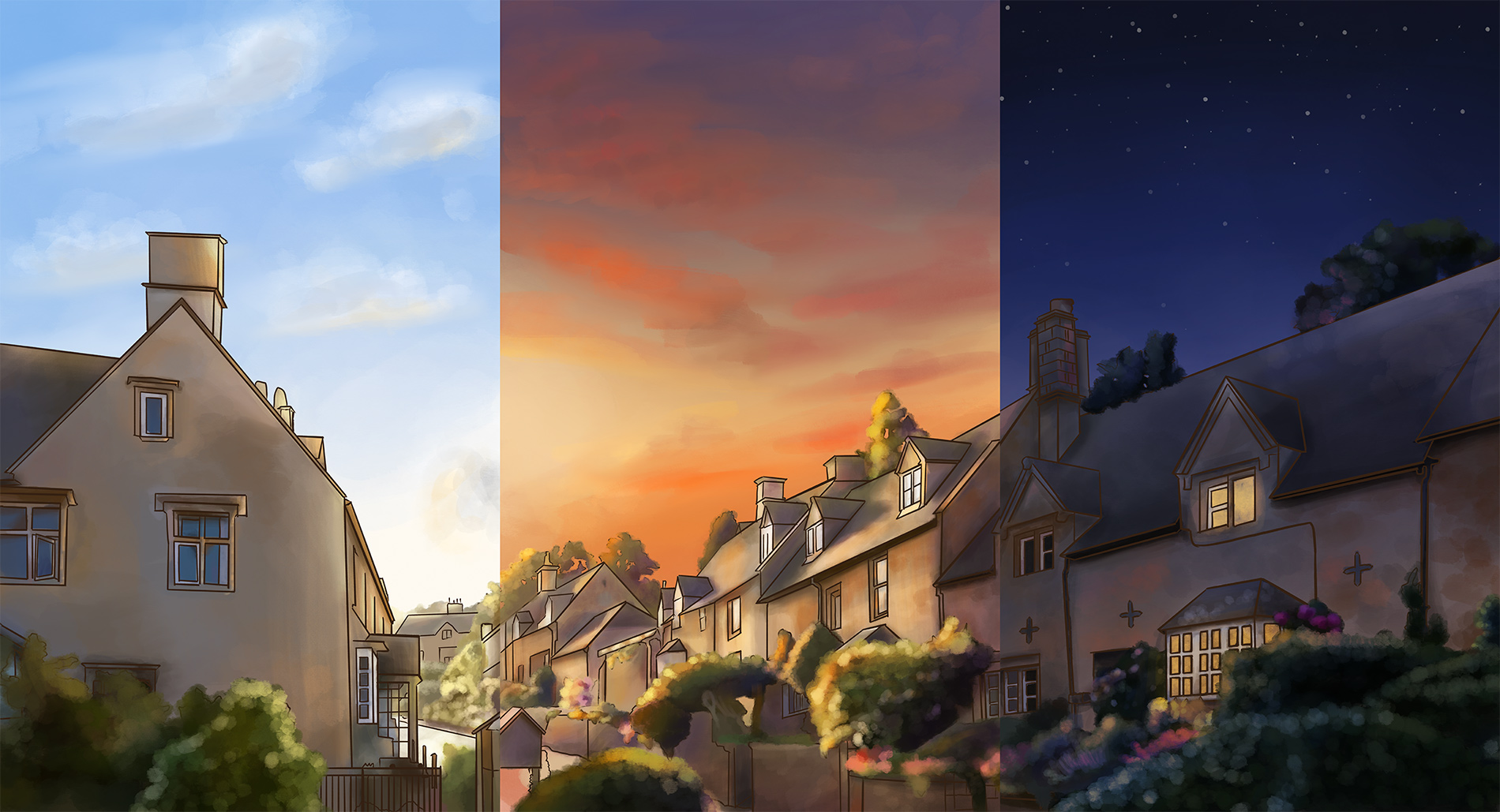 The 3 settings featured on the tea boxes lined up together to paint the image of the English countryside.