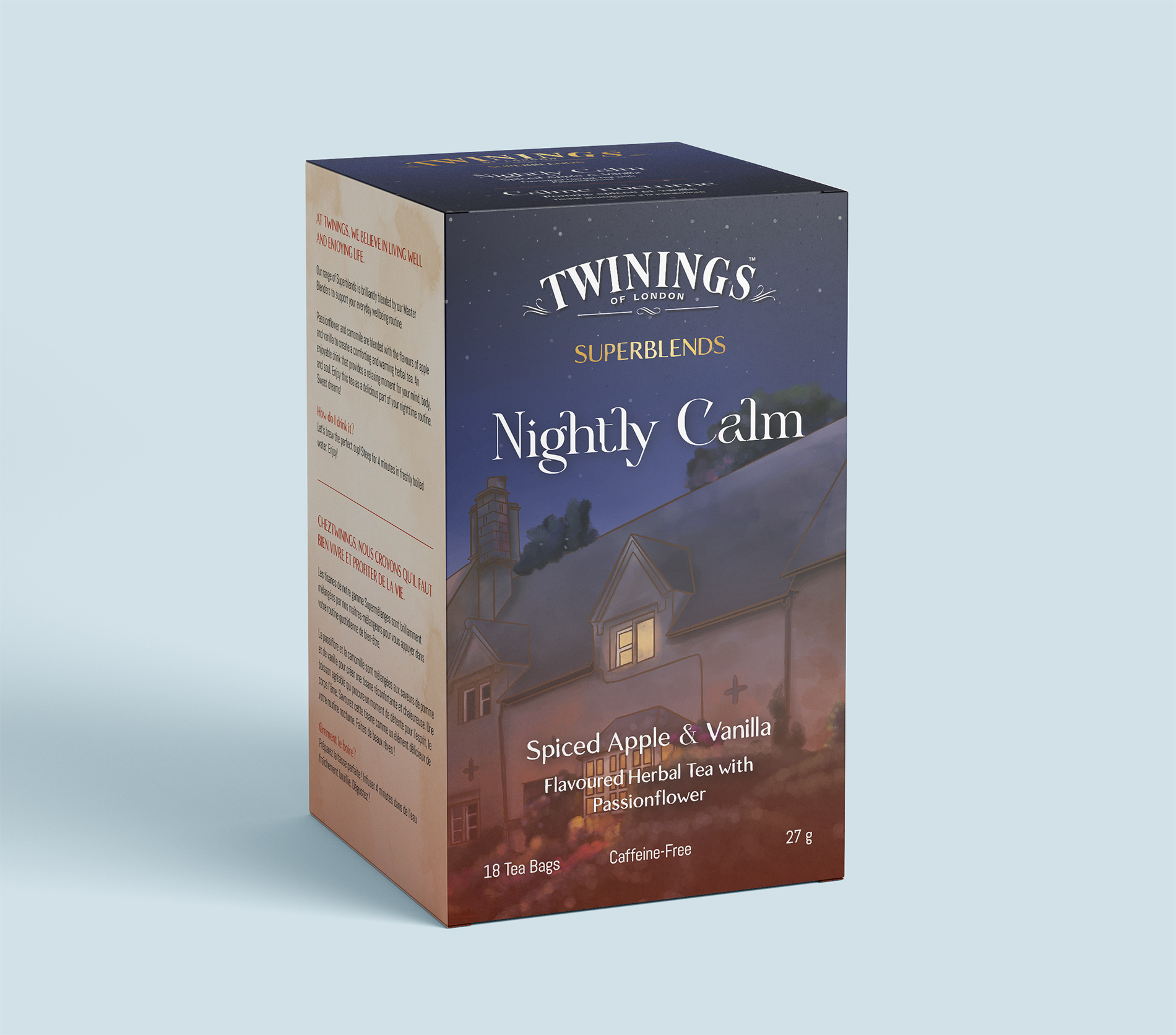 A mockup of Twinings's Nightly Calm Superblend tea featuring a landscape illustration of the English countryside at night.