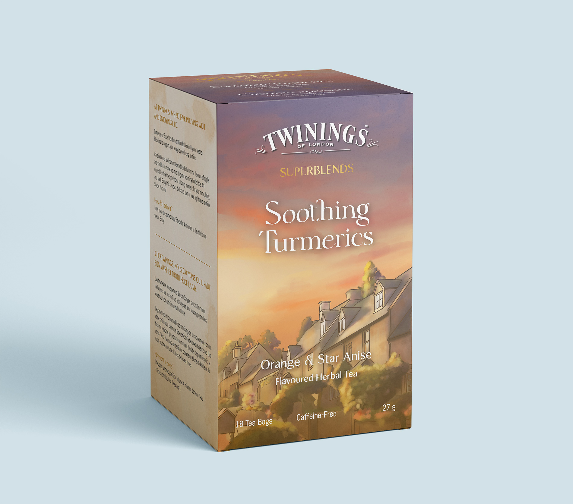 A mockup of Twinings's Soothing Turmeric Superblend tea featuring a landscape illustration of the English countryside during the evening.