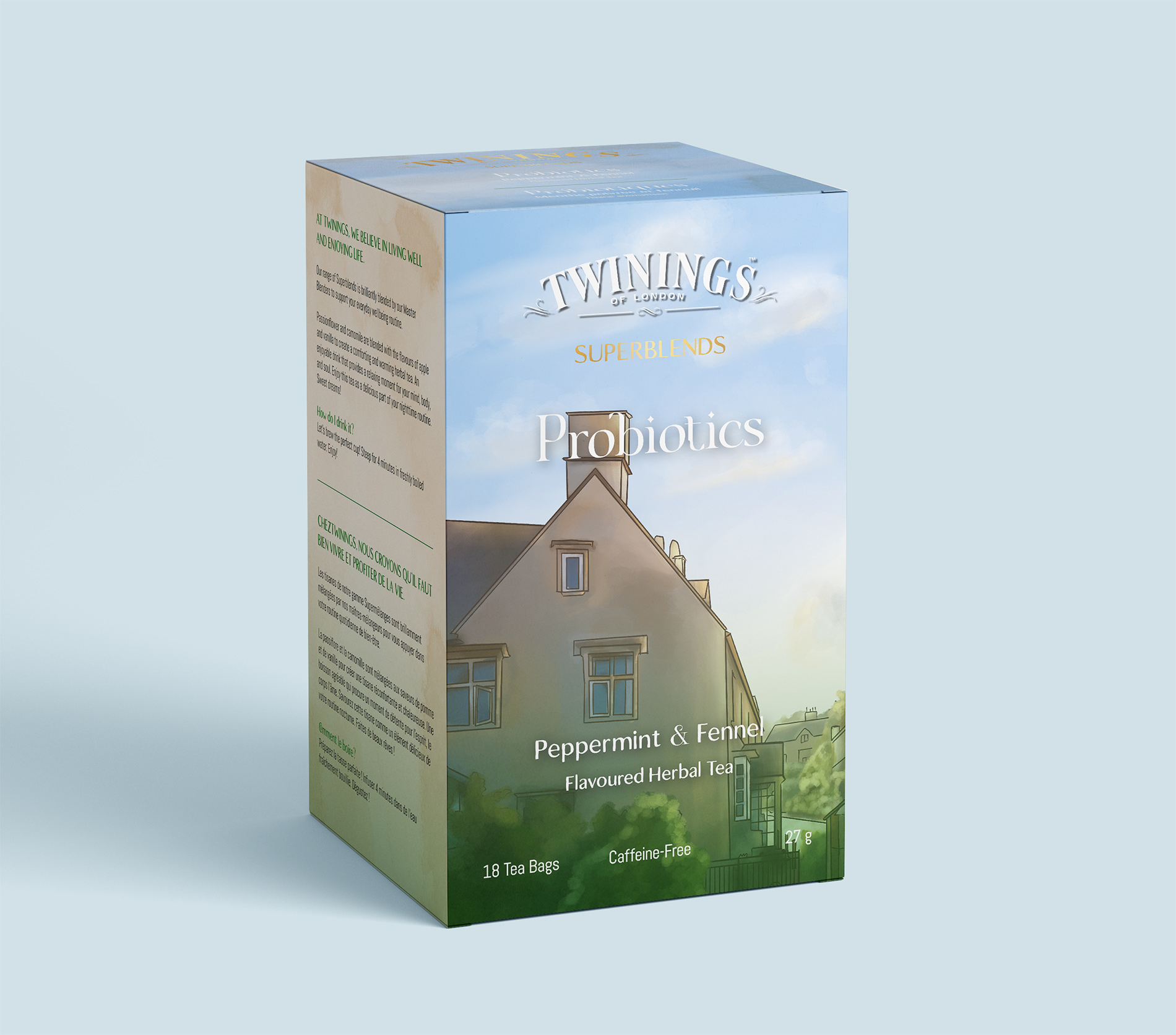 A mockup of Twinings's Probiotics Superblend tea featuring a landscape illustration of the English countryside in the day.
