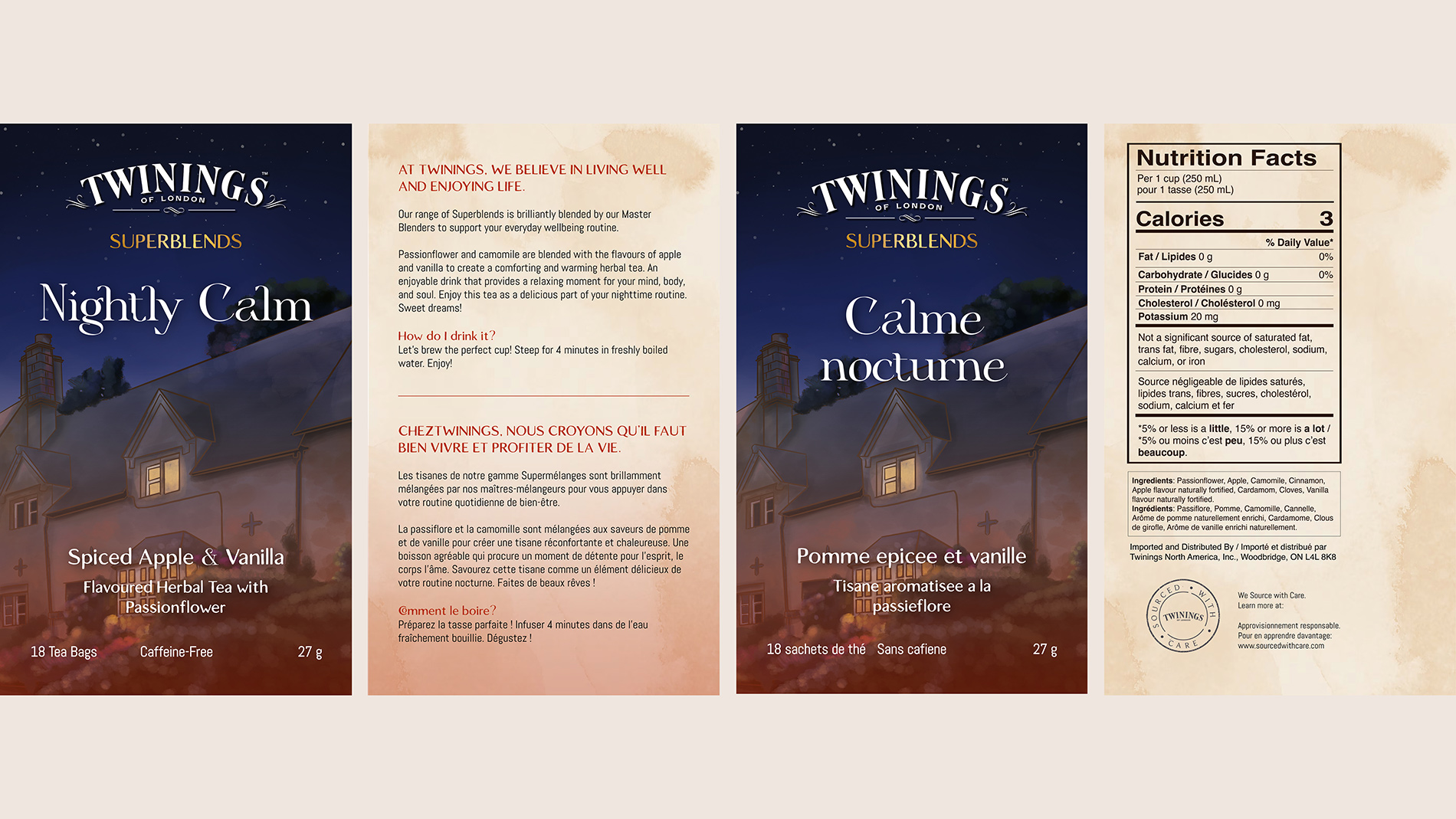 A flat layout of Twinings's Nightly Calm Superblend tea featuring a landscape illustration of the English countryside at night.