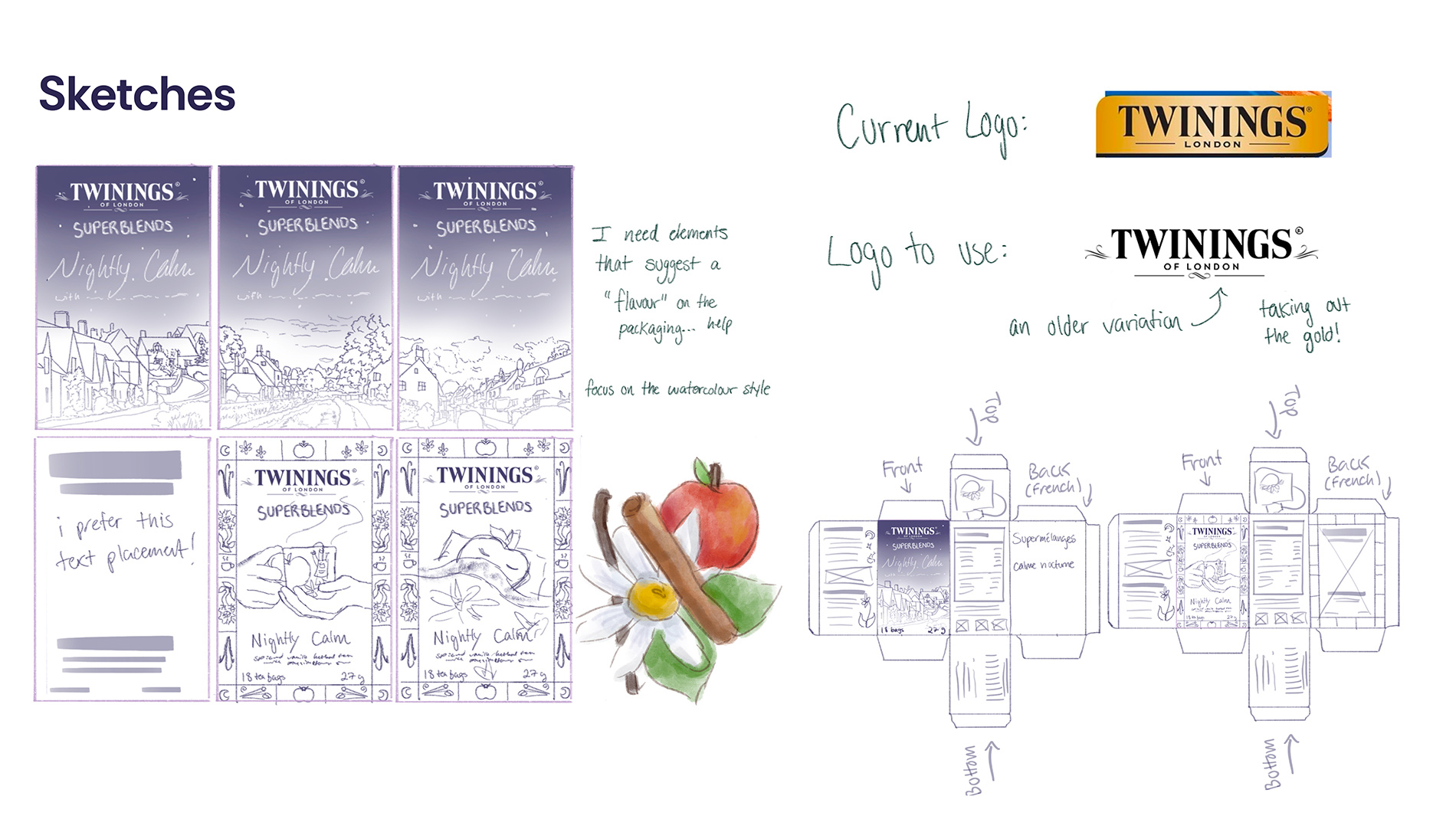 Sketches and process of the Twinings Tea Redesign.